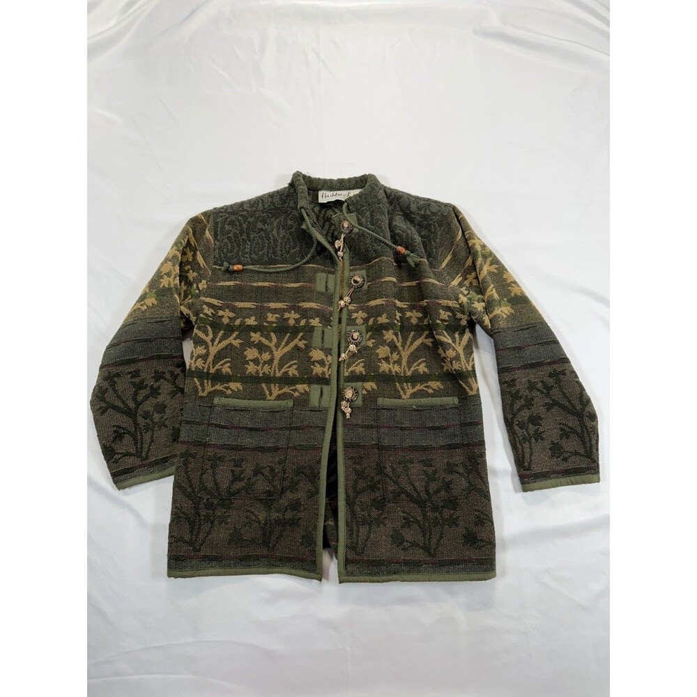 Flashback Boho Tapestry Jacket Green Floral Toggle Button Coat